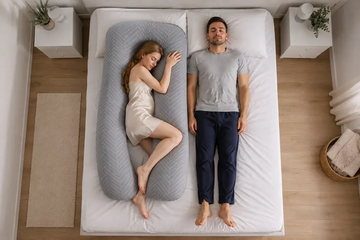 Van bovenaf op een bed van 140 cm: het U-kussen neemt de linkerhelft in, een man slaapt op de andere helft