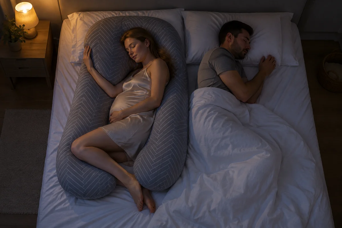 Slapend stel ’s nachts, de vrouw ondersteund door het U-kussen, de man rustig ernaast