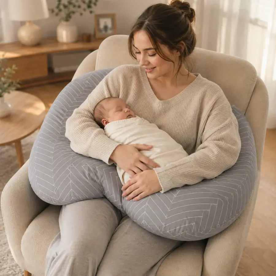 Vrouw in een fauteuil met het U-kussen om haar middel, onderarm erop en ingebakerde baby