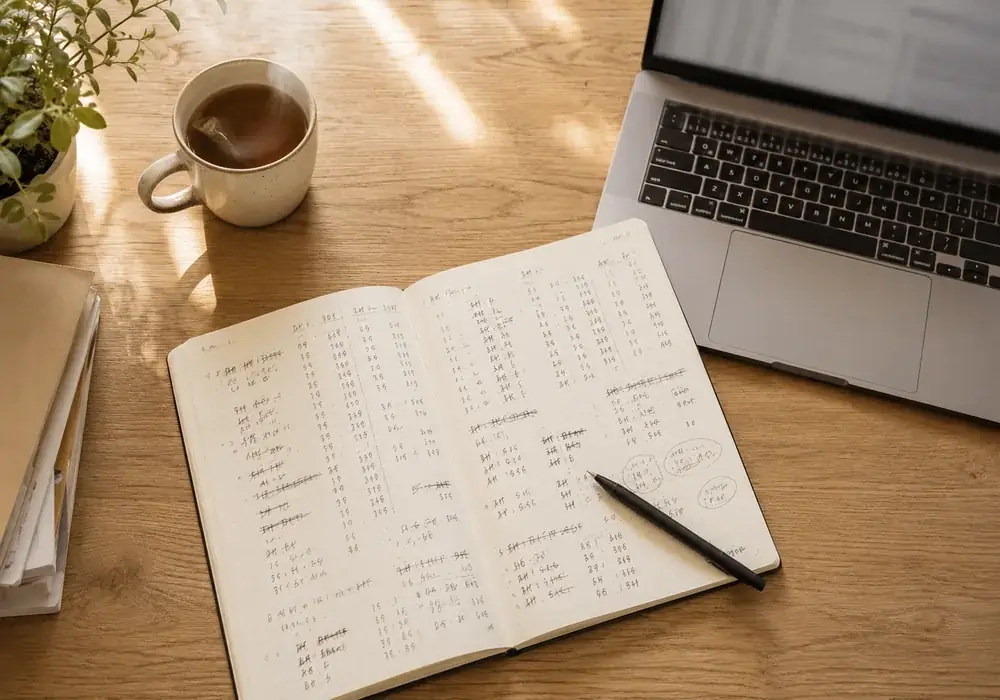 Licht houten werkblad van bovenaf: open notitieboek vol handgeschreven tellingen, pen, kopje en laptop