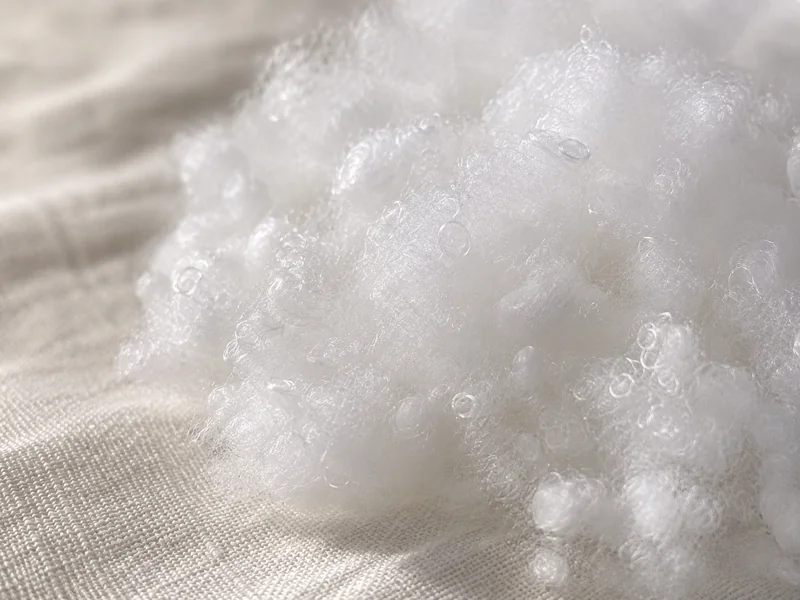 Macro-opname van een hoopje witte, veerkrachtige synthetische vezels