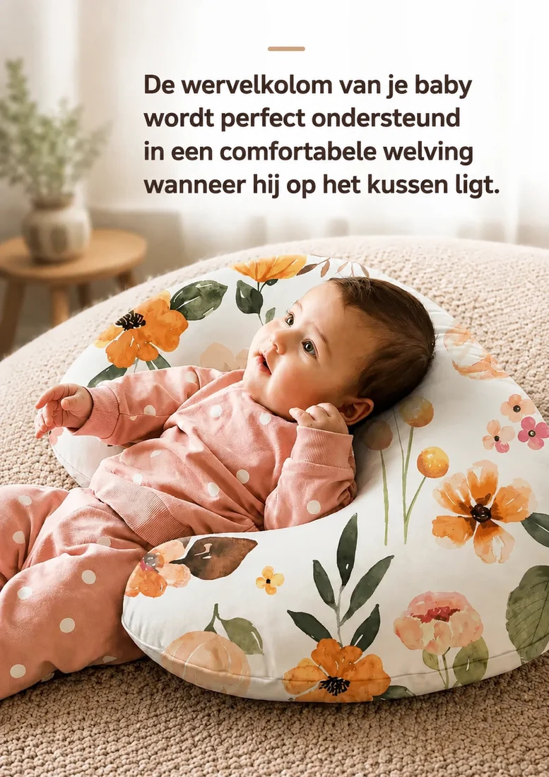 Een baby op zijn rug in de bocht van het voedingskussen met bloemmotief