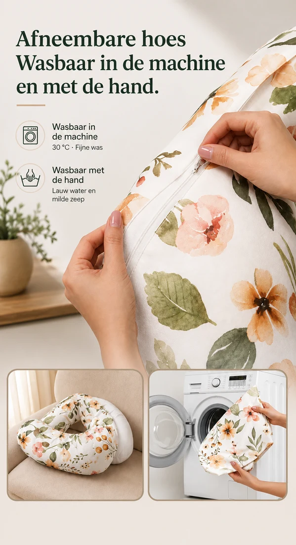 Een hand opent de rits van de hoes, met twee inzetjes van het kussen en een wasmachine