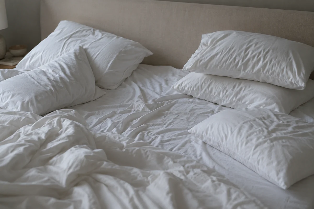 Onopgemaakt bed in de vroege ochtend, met verzakte gewone kussens rond een lege holte