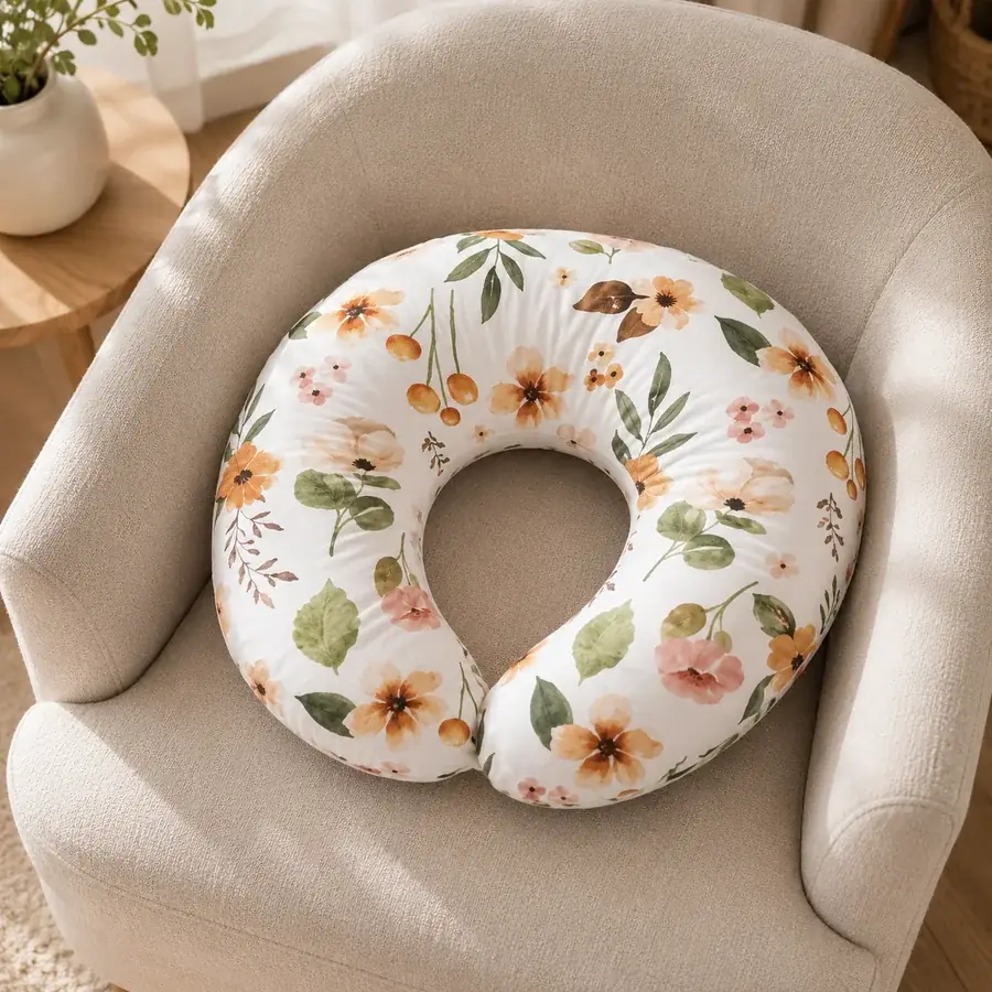 Wit voedingskussen met bloemmotief alleen op een lichte fauteuil, opening naar voren gedraaid