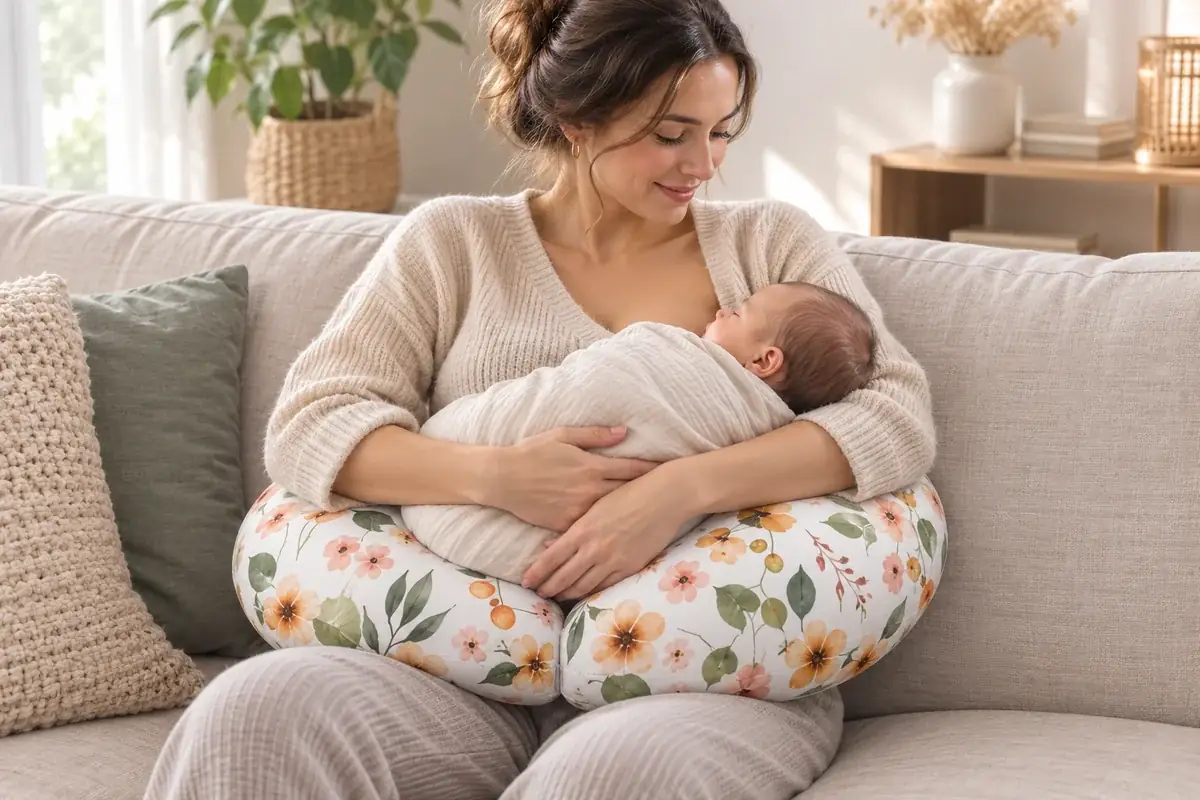 Vrouw op een bank met een wit voedingskussen met bloemmotief om haar middel, ingebakerde baby op borsthoogte